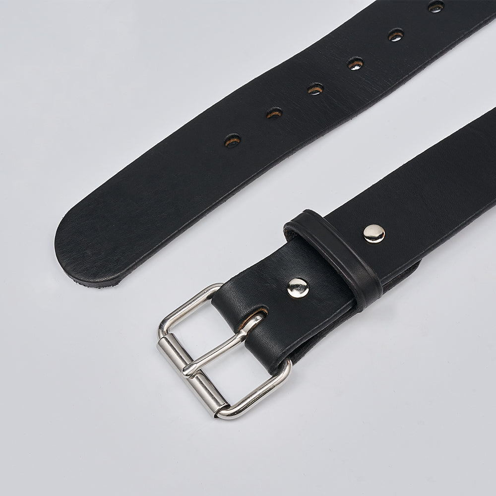 The Enforcer by Hanks Belts is a black leather gun belt featuring a silver metal buckle and multiple adjustment holes, shown on a light gray background.