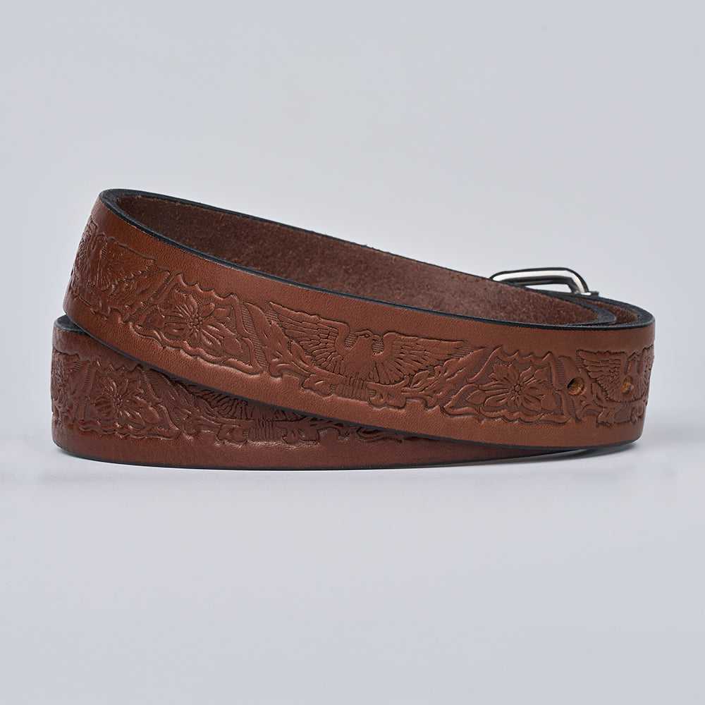 The Gunner Eagle by Hanks Belts is a brown full-grain leather CCW gun belt featuring embossed eagles and floral patterns, shown coiled with a metal buckle. It blends style and durability for everyday carry.