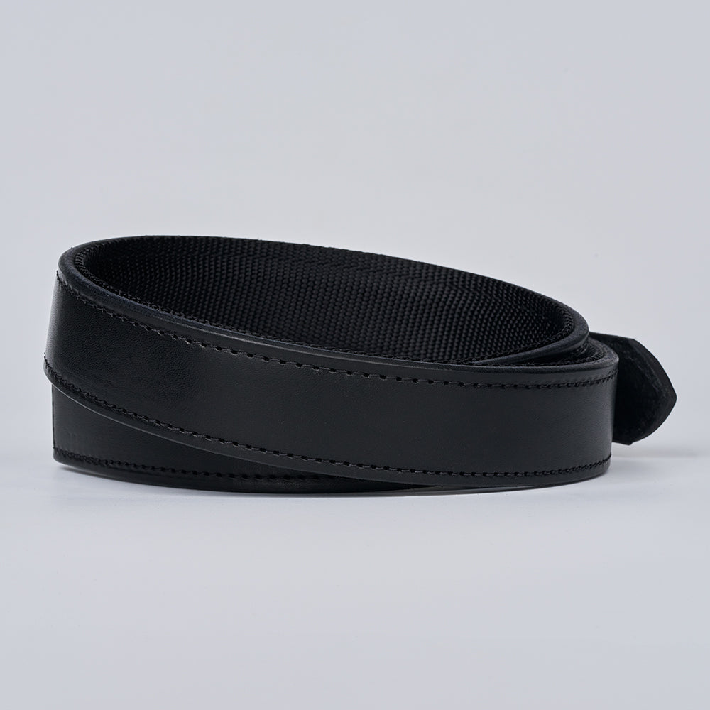 The Kydex Reinforced by Hanks Belts—a coiled black leather gun belt with visible stitching—displayed on a plain light gray background.