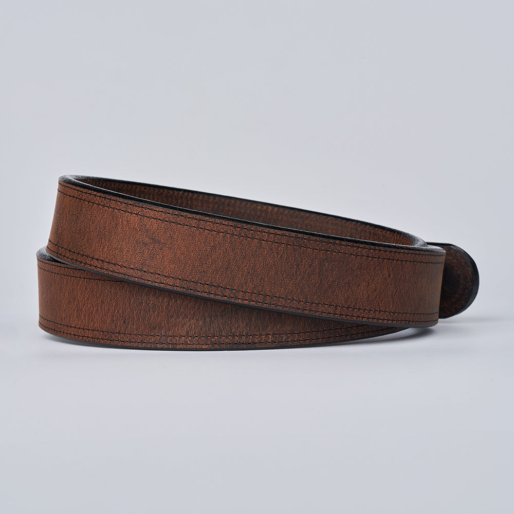 Brown leather belt on a light gray background