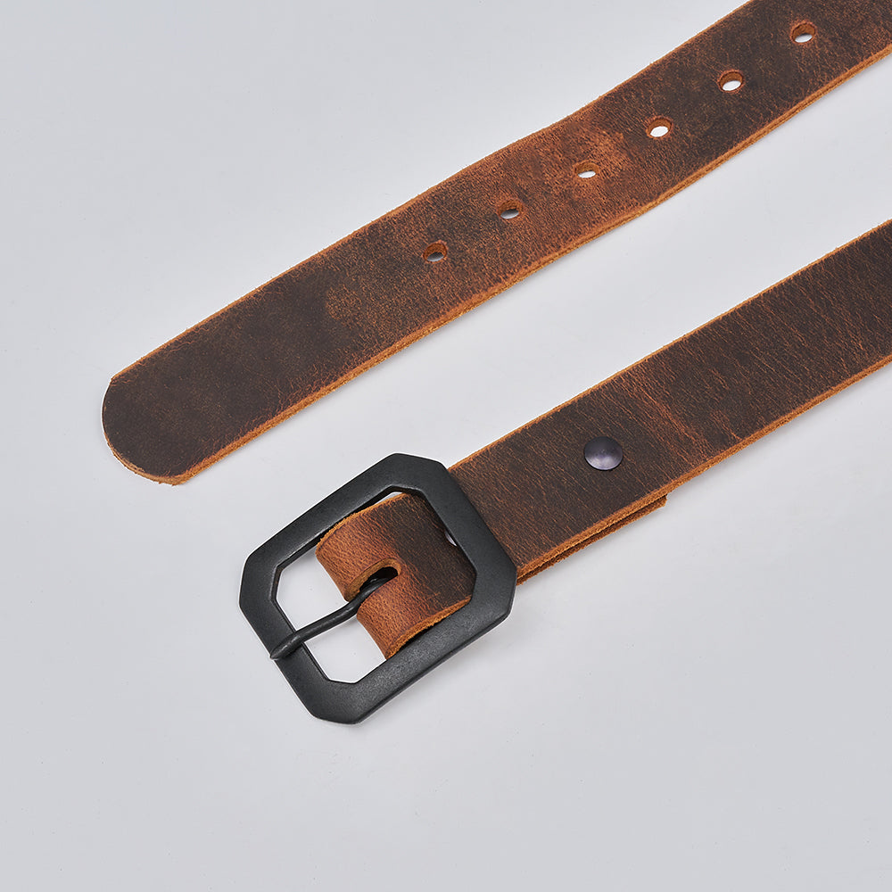 The Relic Retro Style by Hanks Belts is a brown Water Buffalo leather belt featuring a black metal buckle, multiple adjustment holes, and a visible metal rivet, displayed flat on a white surface.