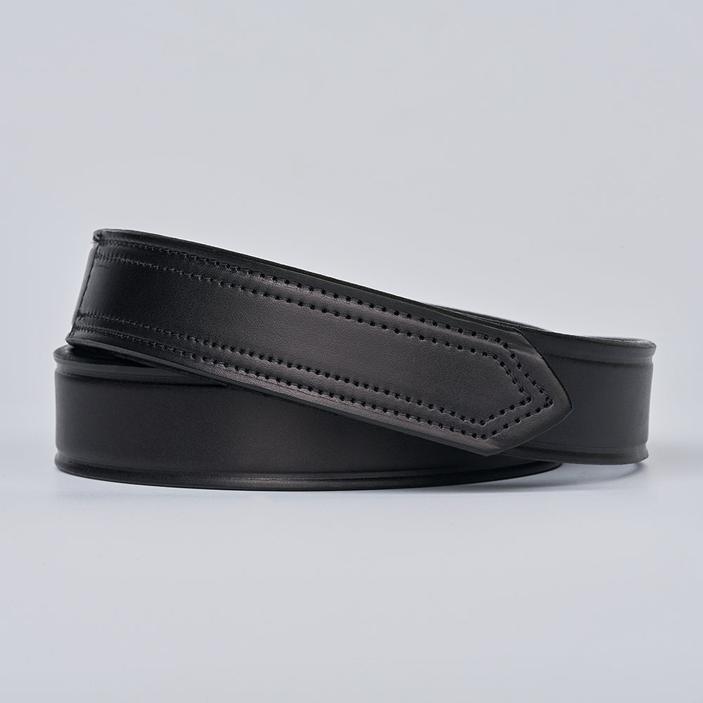 The Scratchless Mechanics by Hanks Belts is a black full grain leather belt with visible edge stitching, coiled in a circle against a plain light gray background.