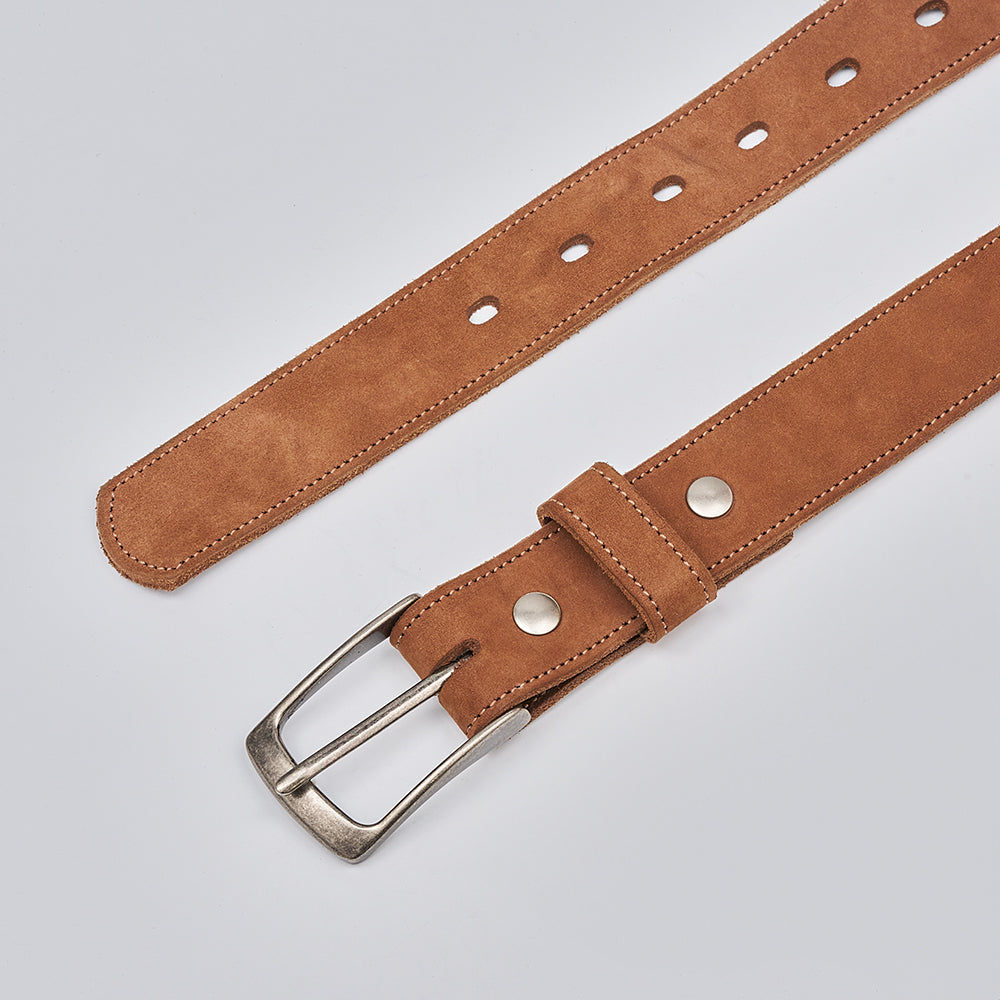 The Suede - 1.25&quot; by Hanks Belts: a brown suede leather belt with white stitching, silver buckle, and adjustable holes, shown on a light gray background.