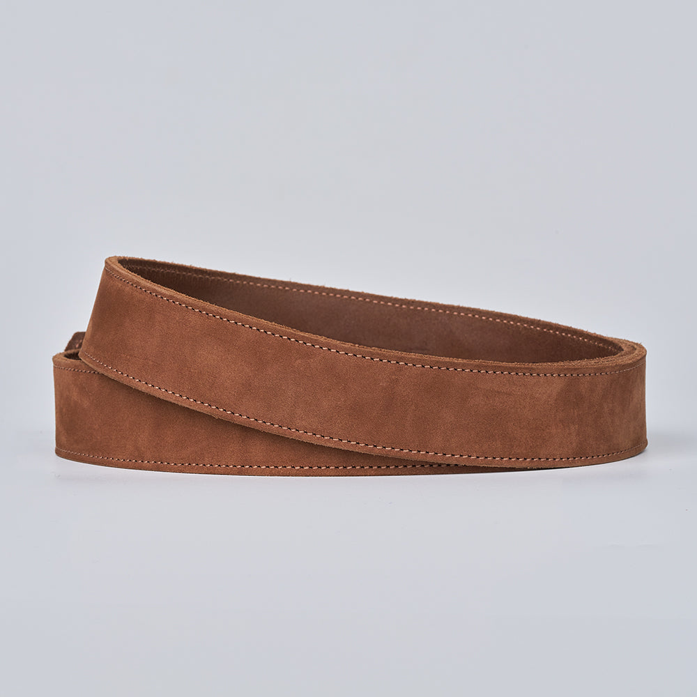 The Suede - 1.25&quot; by Hanks Belts: a brown suede belt featuring visible edge stitching, displayed coiled on a plain light background.