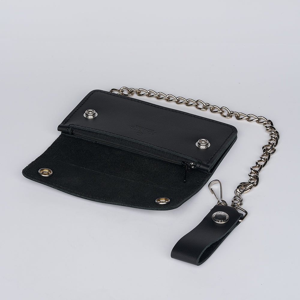 The Hanks Belts Big Bear Biker Chain Wallets feature rugged leather, a metal chain, snap button closure, zippered pocket, durable strap, and metal clasp—ideal for biker wallet fans. Shown open against a plain white background.