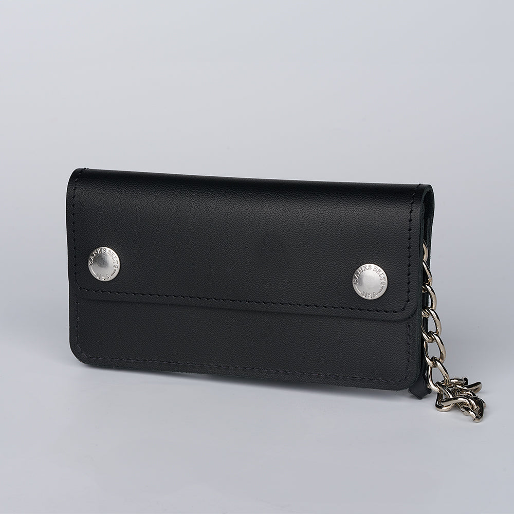 The Hanks Belts Big Bear Biker Chain Wallet features black leather, two silver snap buttons on the front, and a metal chain on the side, shown against a light gray background.