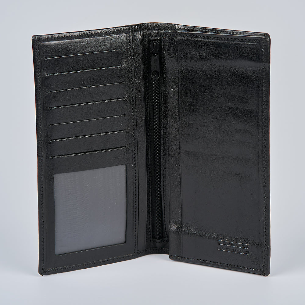 The Hanks Belts Vico Italian Breast Pocket Bifold, shown open on a gray background, features black Italian leather, multiple card slots, a clear ID window, and a zippered compartment—ideal as a slim or breast pocket wallet.