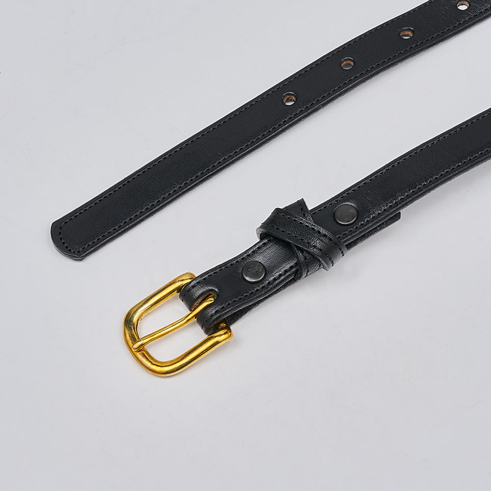 The Dixie by Hanks Belts is a women&#39;s black English Bridle leather belt, made in the USA, with a gold buckle, multiple holes, and two metal rivets, displayed flat on a light gray surface.