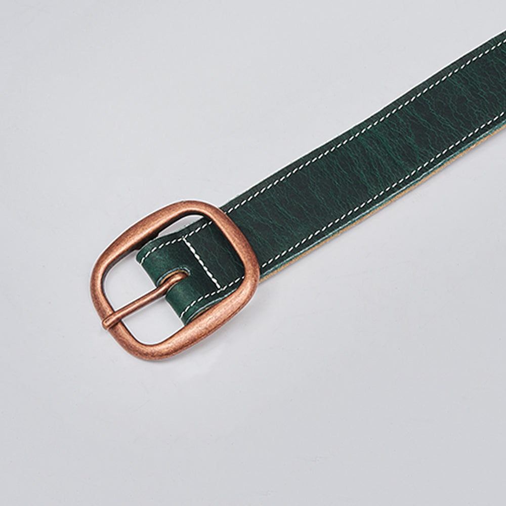 The Ember - 1.25&quot; belt by Hanks Belts features green leather, white stitching, and a square brass-colored buckle, displayed on a plain light background.