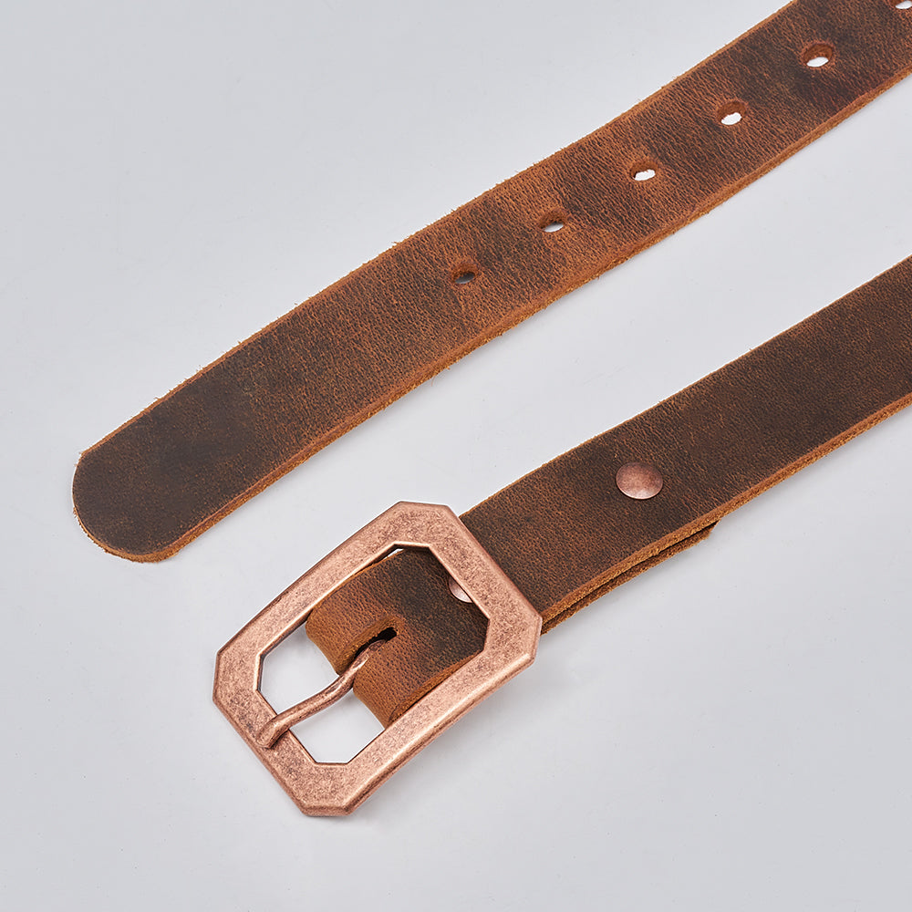 The Lainey by Hanks Belts is a brown Crazy Horse leather women&#39;s belt with a geometric, copper-colored metal buckle, shown laid flat on a light gray background. It features multiple holes for easy size adjustment.