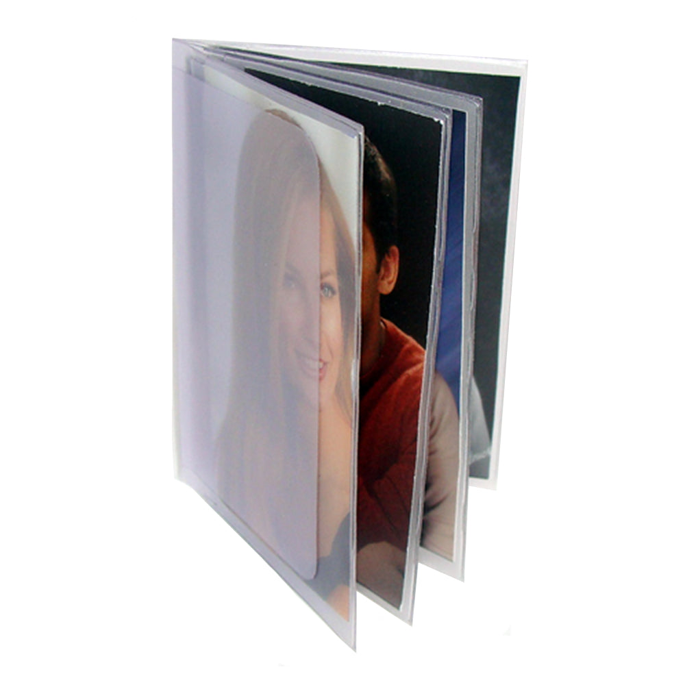 A compact Trifold 4 Window Insert from Hanks Belts, featuring clear plastic windows that partially display photos. When open, it reveals an image of a woman with long hair in one section and a man in a red shirt in another.