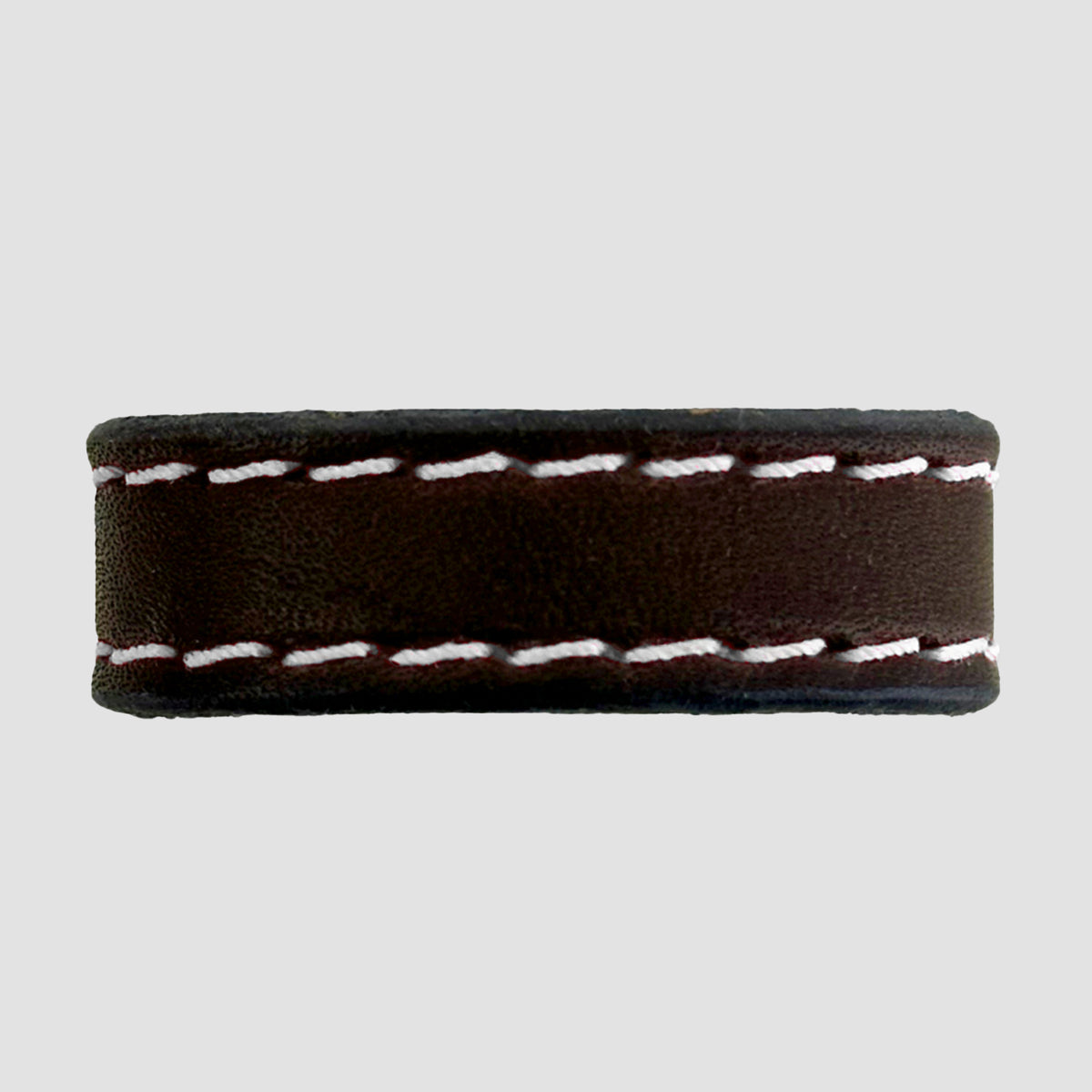 A close-up of the Hanks Belts 1.25" Stitched #7 Keeper in dark brown, featuring prominent white stitching along the edges and a sturdy keeper, set against a plain light gray background.