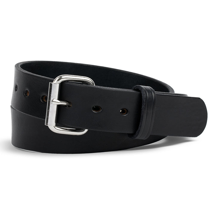 The Gunner by Hanks Belts is a black belt made from full-grain steer hide leather, featuring a silver rectangular buckle and adjustment holes—expertly crafted in the signature Hanks style.