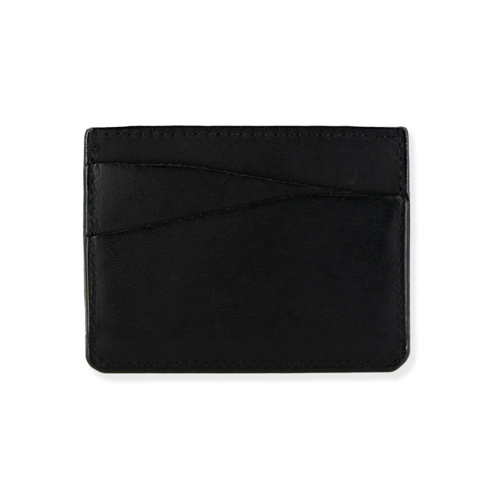 A sleek black Cumberland Bison Card Holder from Hanks Belts with multiple slim card slots on one side. The minimalistic design features smooth stitching along the edges, ensuring durability. Made in the USA, this premium accessory is displayed against a white background.