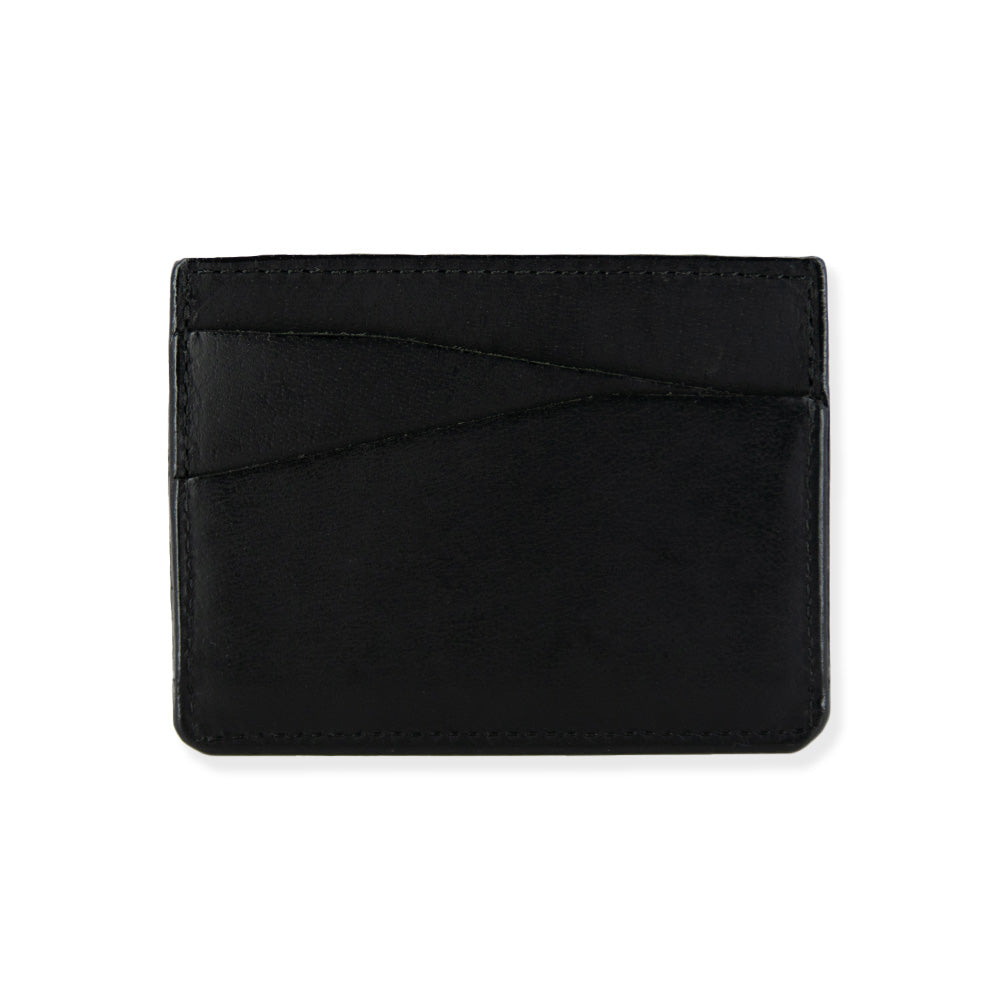 A sleek black Cumberland Bison Card Holder from Hanks Belts with multiple slim card slots on one side. The minimalistic design features smooth stitching along the edges, ensuring durability. Made in the USA, this premium accessory is displayed against a white background.