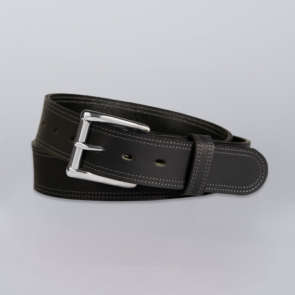 The Wyoming Bison by Hanks Belts is a black bison leather belt with white stitching and a silver buckle, shown coiled neatly on a light gray background.