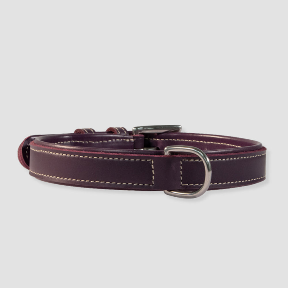 The Rover Standard Collar by Hanks Belts is a dark purple, vegetable-tanned leather dog collar with white stitching, silver buckle, and D-ring, shown on a light gray background.