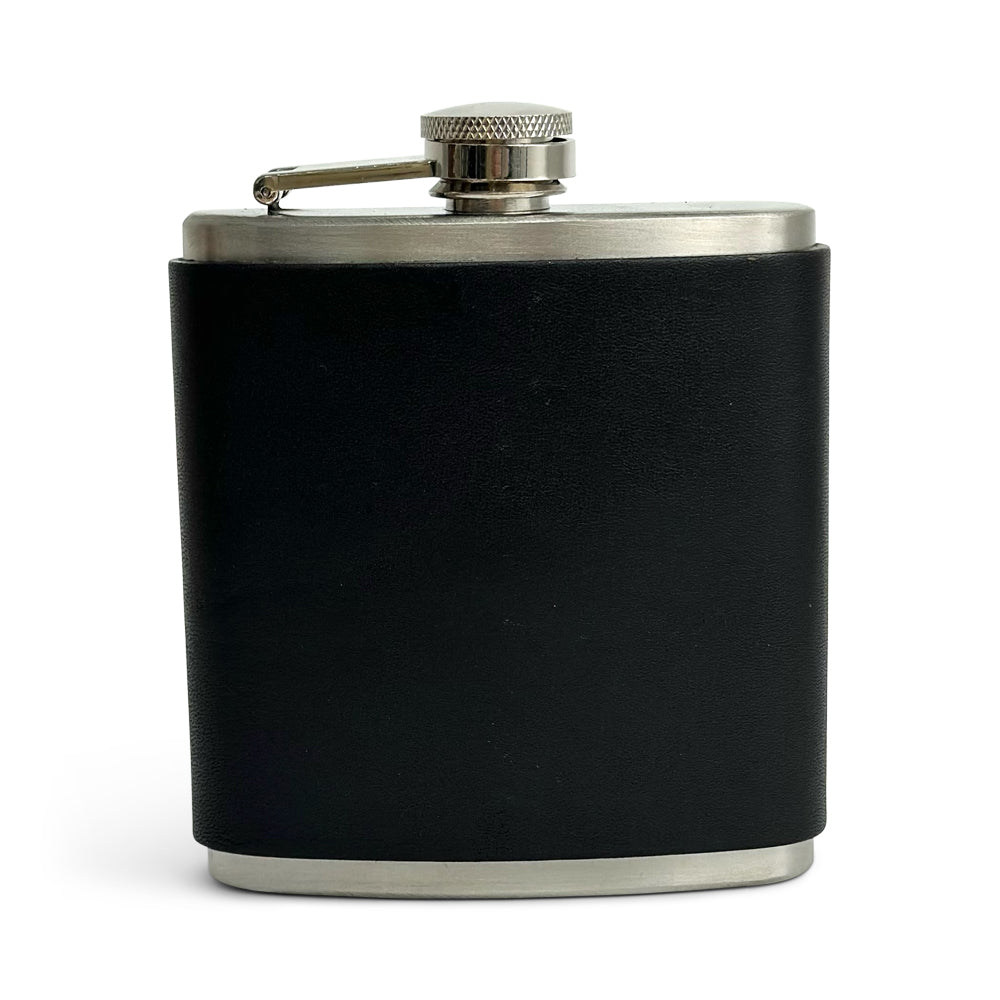 A black leather-covered flask with a screw cap and minimalist design by Hanks Belts, photographed against a white background.