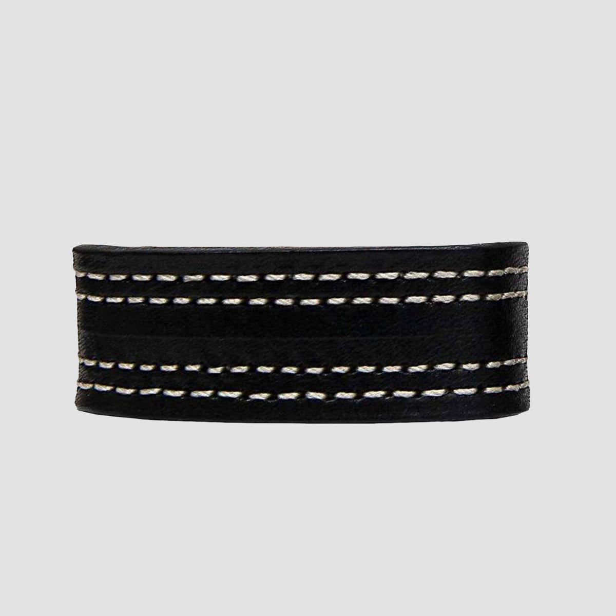The Hanks Belts 1.5" Double Stitched #3 Keeper is a black leather strap with white double stitching along the edges and a belt keeper, displayed against a plain light gray background.