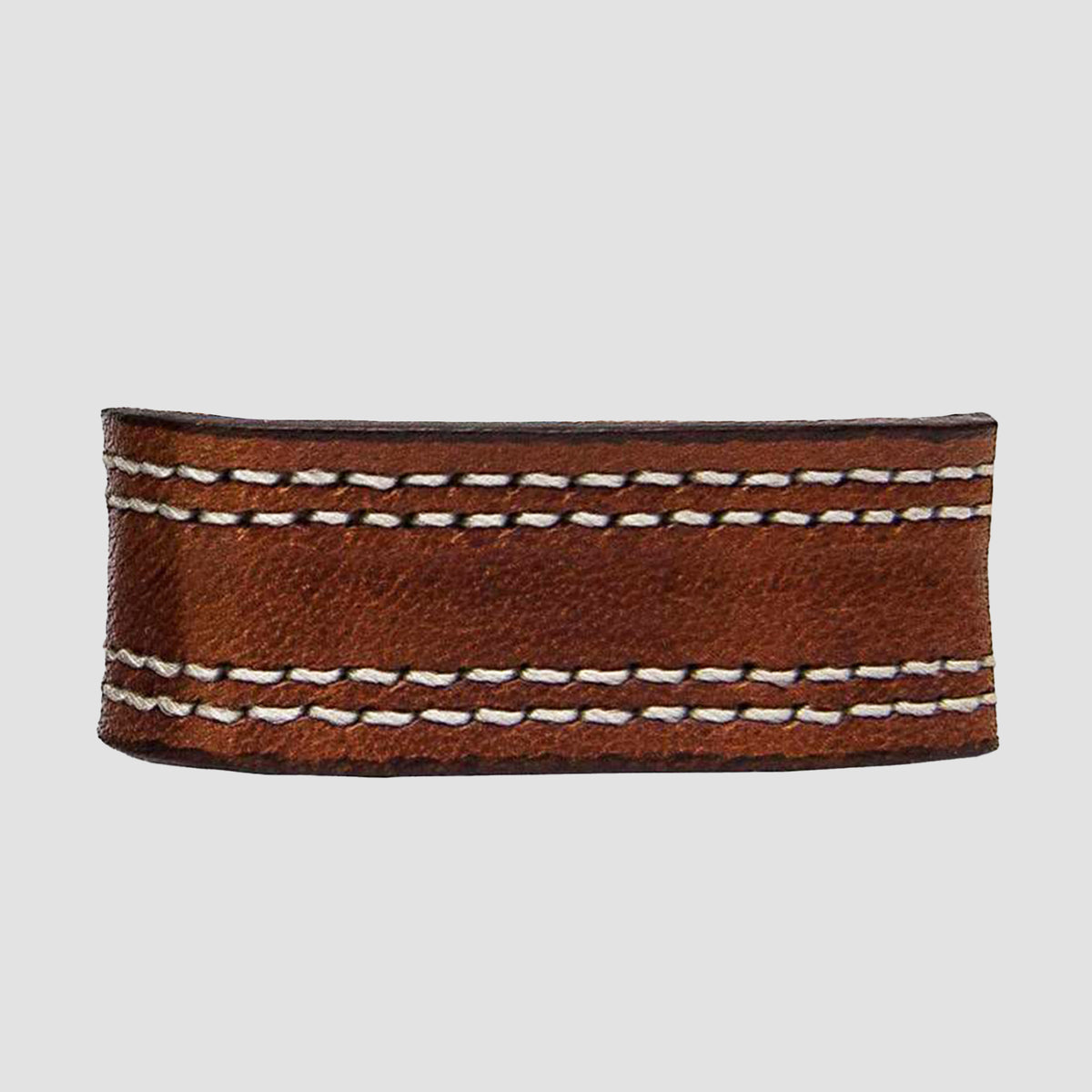 A close-up of the Hanks Belts 1.5" Double Stitched #3 Keeper, showcasing its sturdy keeper and white double stitching along the edges, set against a plain light gray background.