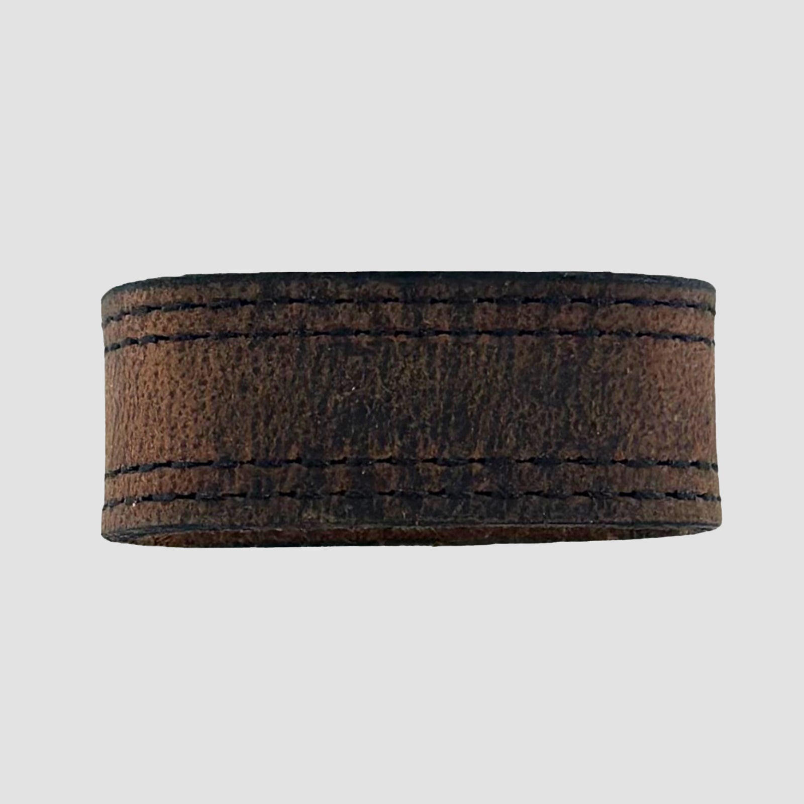 The Hanks Belts 1.5" Double Stitched #6 Keeper is a wide brown leather ring featuring visible black stitching along the top and bottom edges, shown against a plain light gray background.