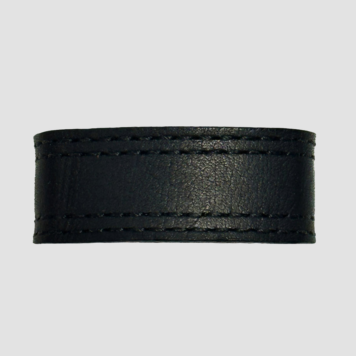 A close-up of the Hanks Belts 1.5" Double Stitched #4 Keeper shows detailed stitching on black USA-made harness leather, set against a plain light gray background.