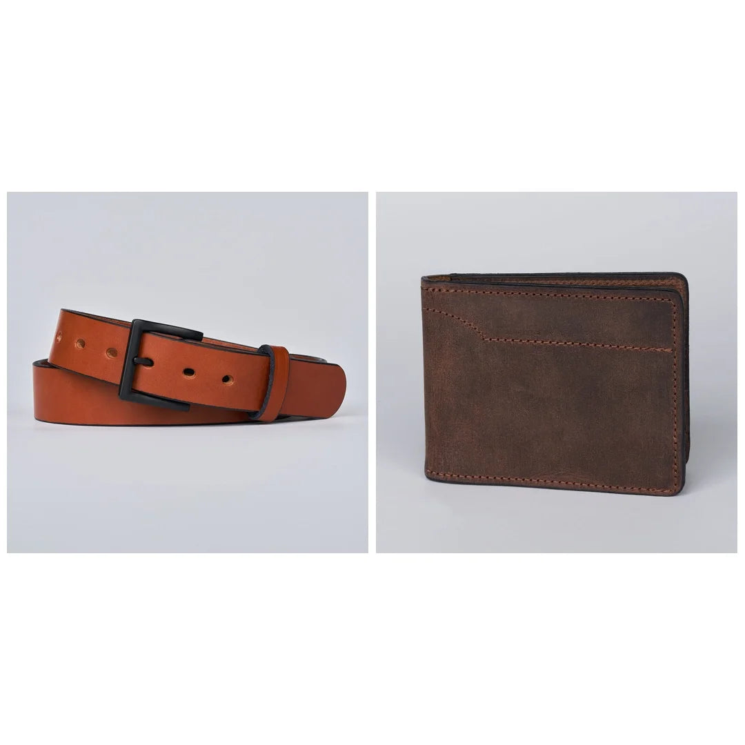 A split image shows Fast Bundle’s The Everyday & Tahoe Bifold: a brown work belt with a black buckle on the left and a brown bifold wallet with a card slot on the right, both displayed against a plain light background.