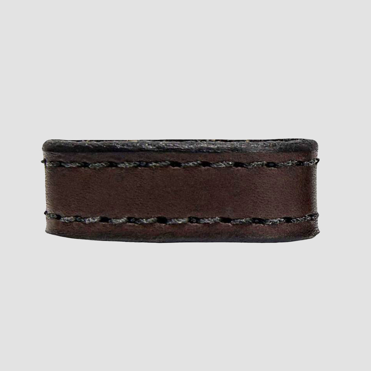 A close-up of the Hanks Belts 1.5" Stitched #2 Keeper, a dark brown vegetable tanned leather ring with decorative stitching along the top and bottom edges, set against a plain light gray background.