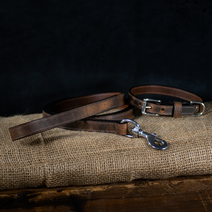 Ollie Collar and Leash on burlap in brown