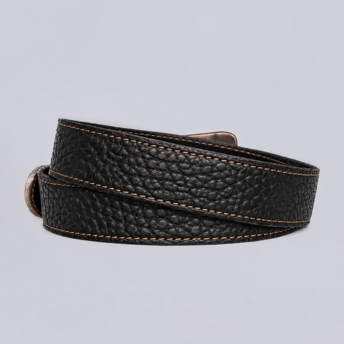 The Yellowstone coiled black bison leather belt with contrast stitching and a metallic buckle.