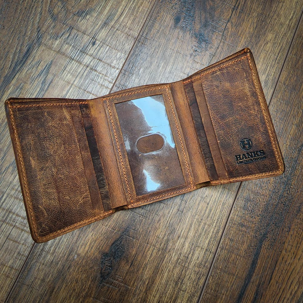 Hanks USA Made Bison trifold on Wooden background showing inside