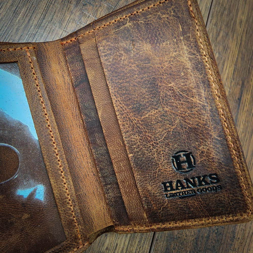 Hanks USA Made Bison trifold on Wooden background