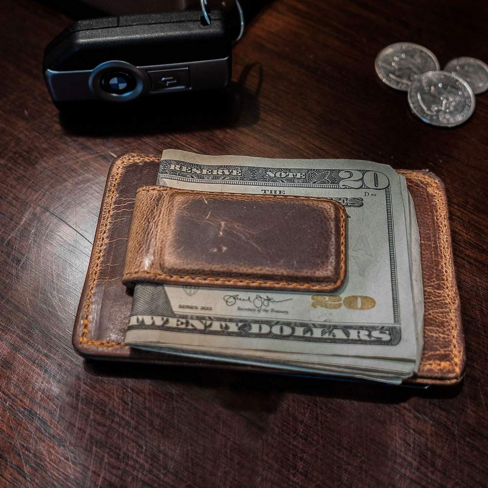 Hanks Wallet Money Clip is made from Premium Goatskin for a light yet durable money clip -  Vintage Brown