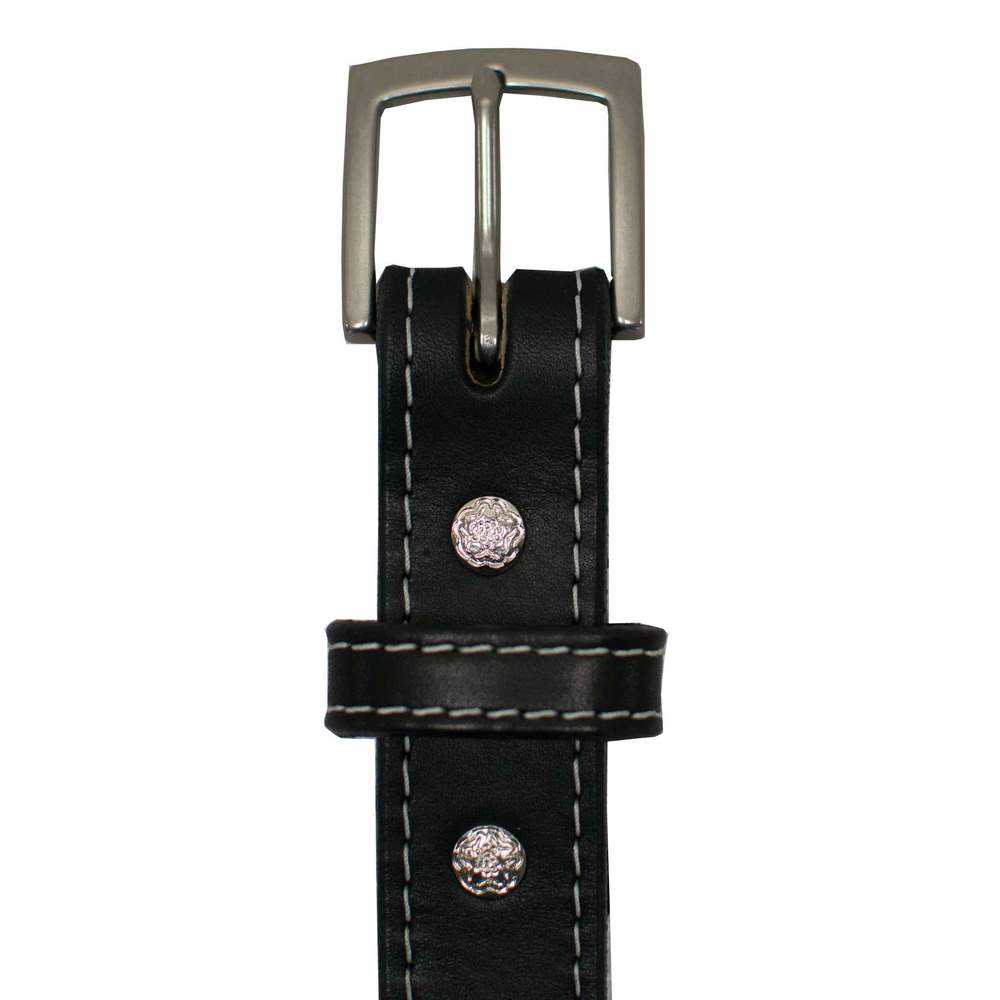 Antique Nickel Buckle and Floral Screw Details On Bonnie - Women&#39;s Bonnie CCW Gun Belt - Black White Stitching