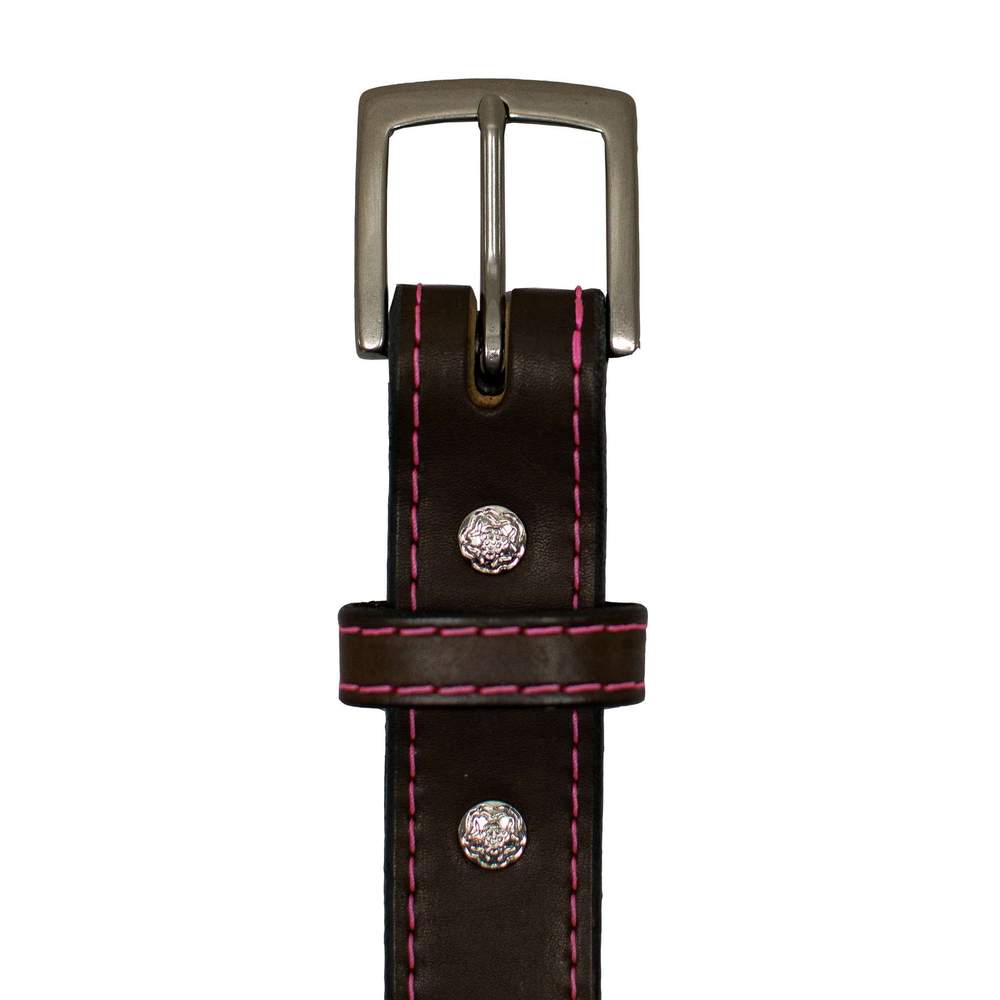 Antique Nickel Buckle and Floral Screw Details On Bonnie - Brown Pink Stitching