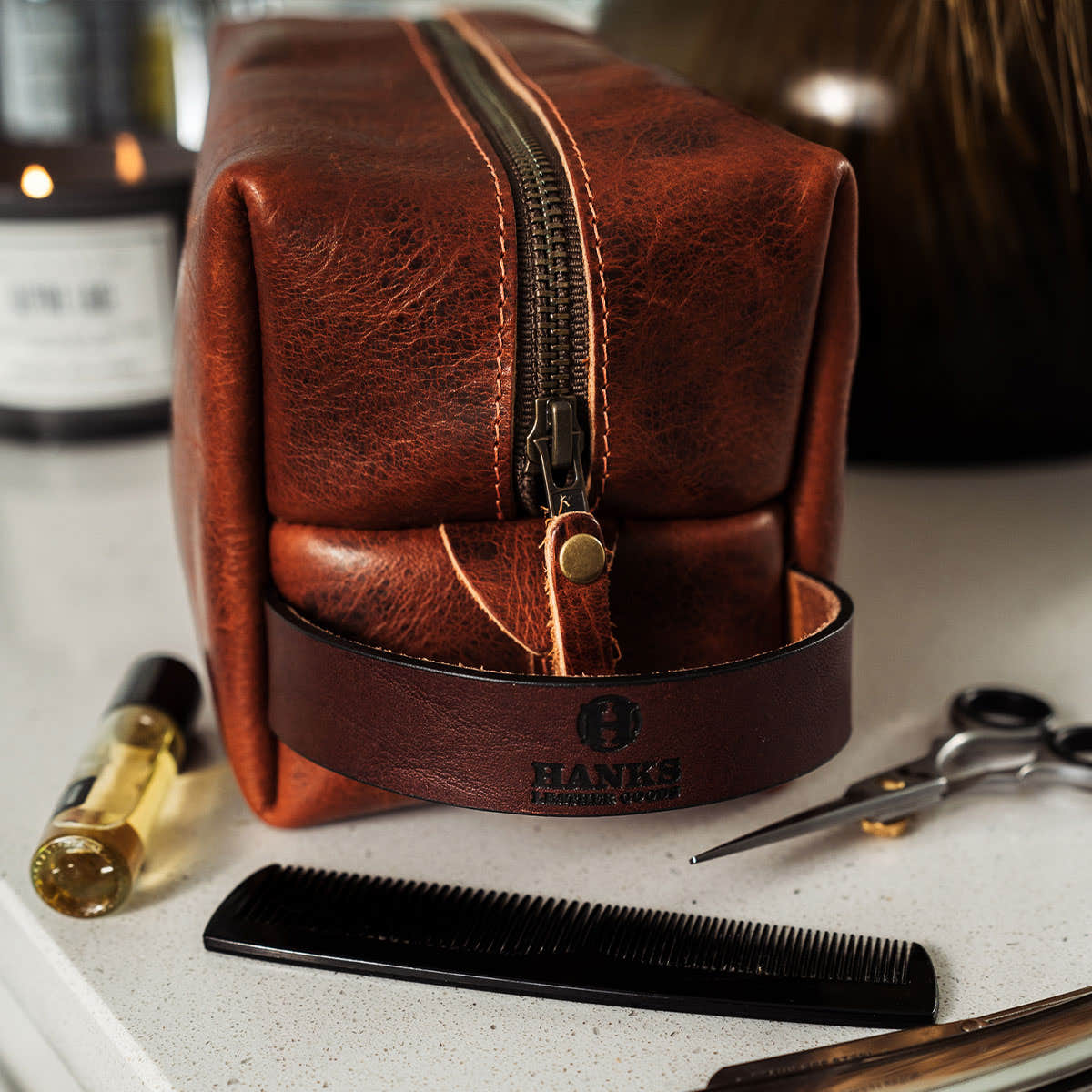 Bison Leather Dopp Bag - Shaving or Toiletry Travel Bag - Hanks Belts