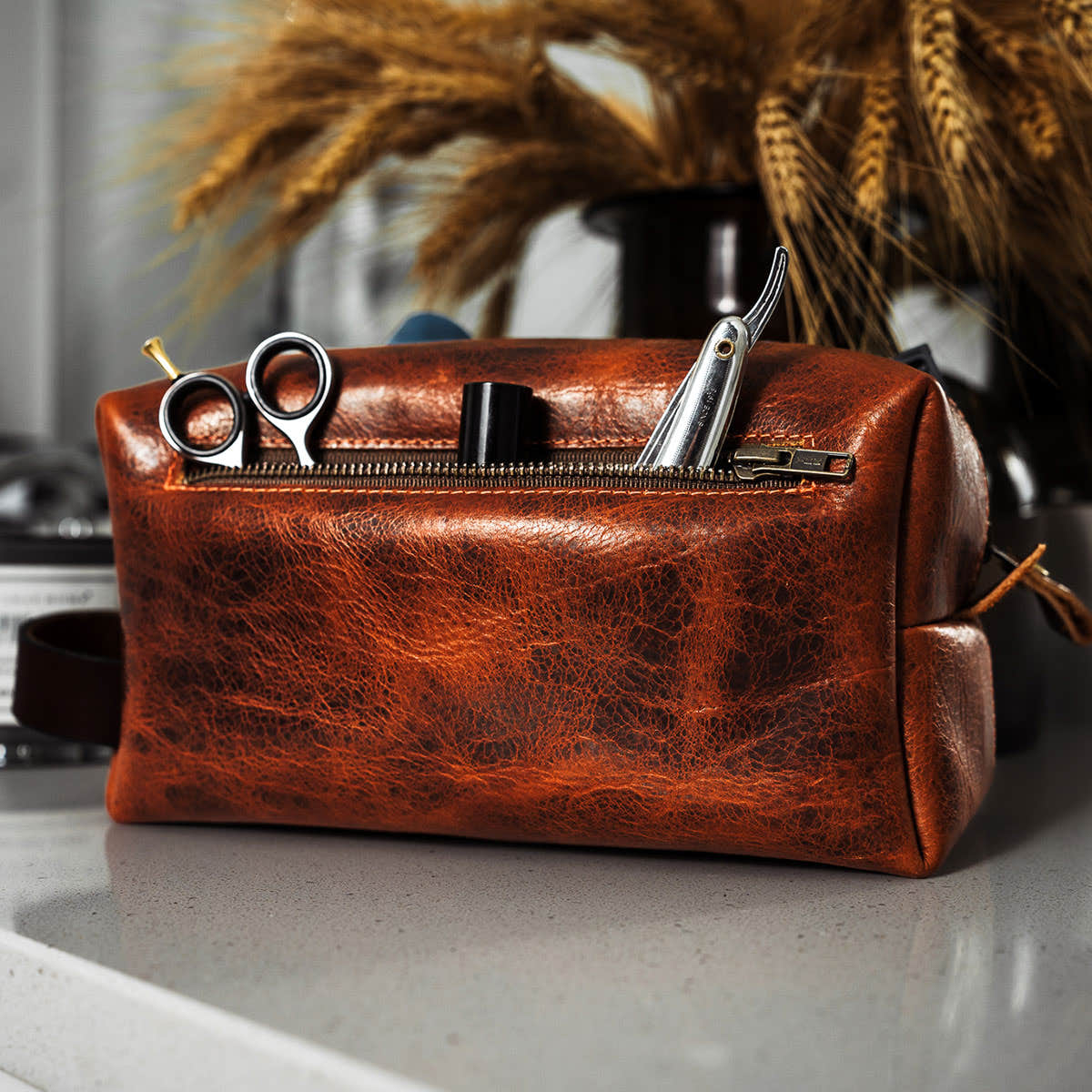 Bison Leather Dopp Bag - Shaving or Toiletry Travel Bag - Hanks Belts